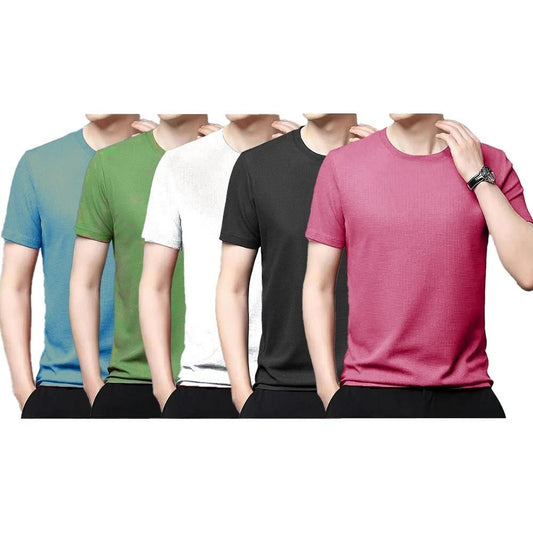 Stretchable Solid Half Sleeves Mens Round Neck T-Shirt Pack Of 5